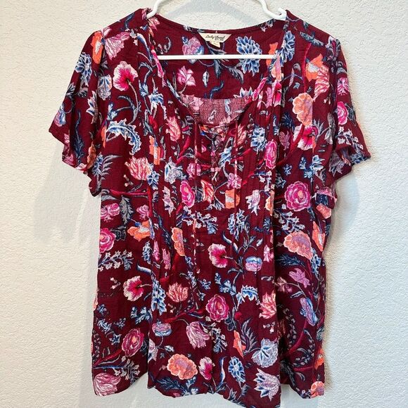 Lucky Brand Red Blue Floral Short Sleeve Boho Lace Front Blouse - Size L - EUC - Picture 1 of 7